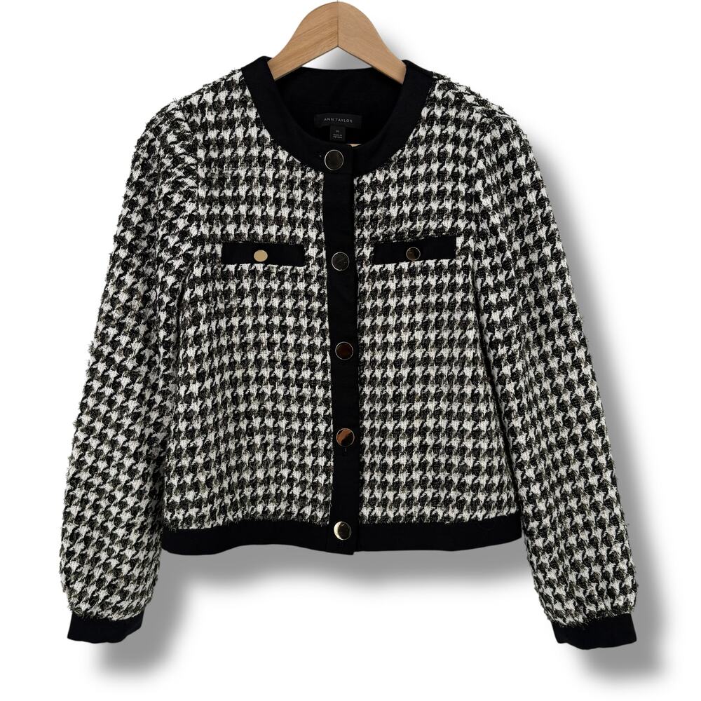 Ann Taylor Houndstooth Tweed Jacket Womens Sz XS Black White Metallic Trim